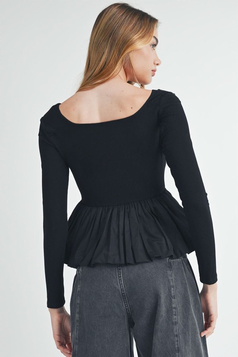 Black Ribbed Knit Long Sleeve Scoop Neck Peplum Patchwork Top - Love Salve